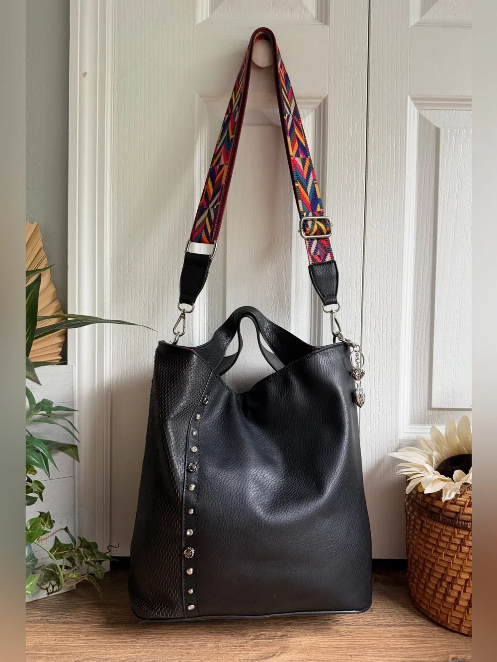 Marina Galanti Black VL Hobo Tote Bag w/Studs & Removable Colorful Strap